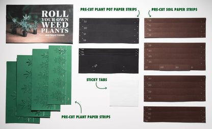 Includes: pre-cut strips for weed plants, soil, and pots; sticky tabs; instruction booklet.