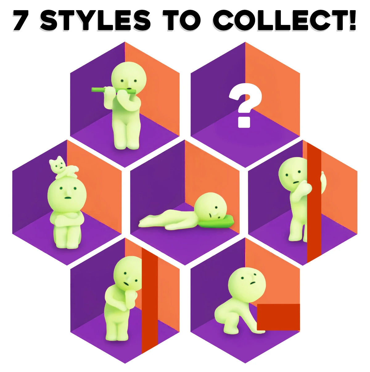 Available Styles: Lifting Smiski, Daydreaming Smiski, Playing Smiski, Hiding Smiski, Napping Smiski, Thinking Smiski, and a rare Secret Smiski.