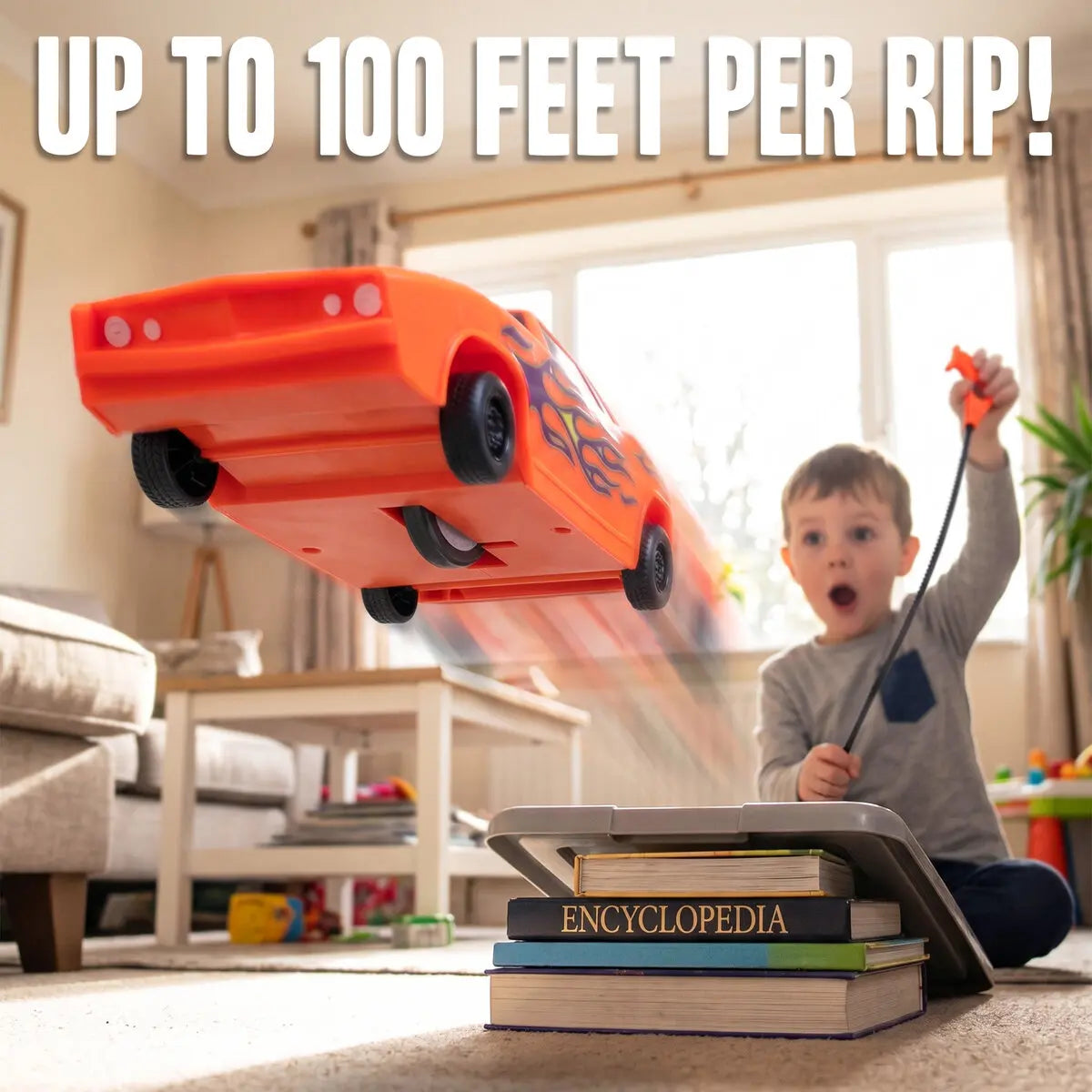 Turn your living room into the ultimate stunt arena. Build your ramp, pull the cord, and send it soaring up to 100 feet of pure, airborne action!