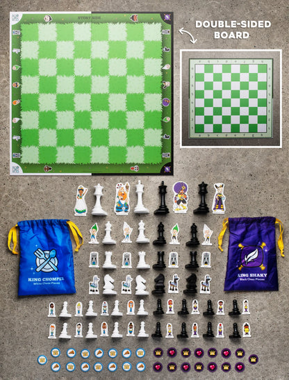 Includes full chess set, optional character cutouts, storybook chess instructions, mini-game tokens, and storage bags.