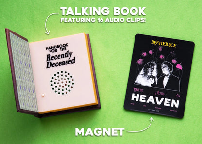 In addition to the talking Handbook for the Recently Deceased, the set also includes a fun fridge magnet!