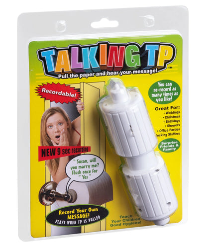 Repeats pre-recorded messages (up to 9 seconds) when spun. Fits any size toilet paper holder.