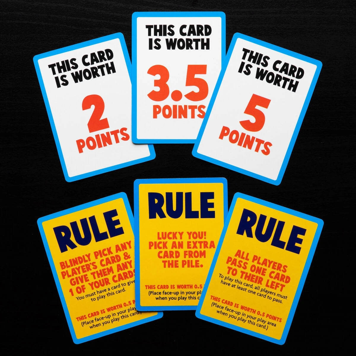 Most cards have random point values but some have extra rules to add chaos to the game.