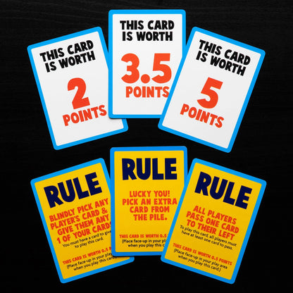 Most cards have random point values but some have extra rules to add chaos to the game.