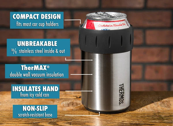 Keep your soda colder, longer with the double-walled, vacuum insulation of the Thermos Stainless Steel Koozie.