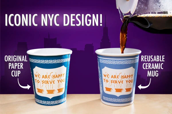 The Ceramic Greek Coffee Cup is an eco-friendly version of the iconic NYC disposable coffee cup.