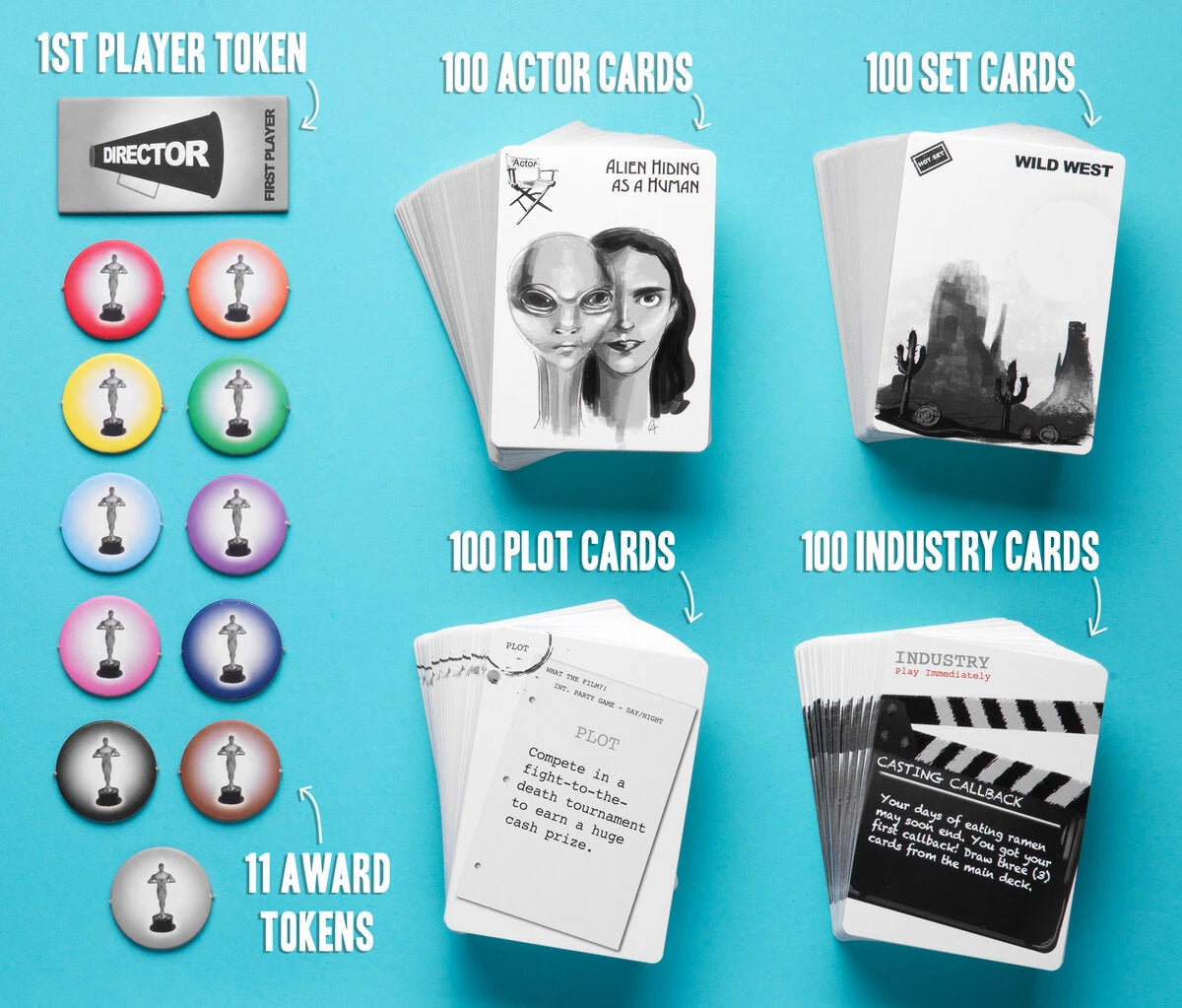 Contains 400 cards total: actor, set, plot, and industry cards plus 11 award tokens.