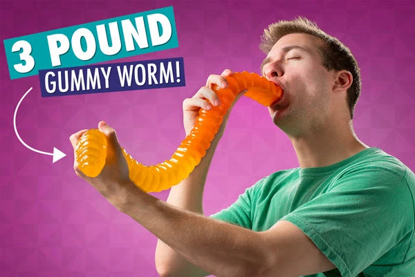 Jamie eating the 3 Pound Giant Gummy Worm