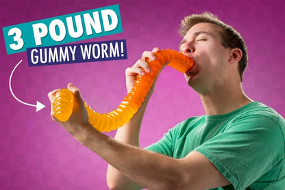 Jamie eating the 3 Pound Giant Gummy Worm