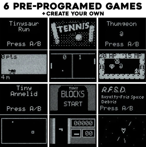 Pre-programmed with 5 retro games, but you can download more! Or make your own!