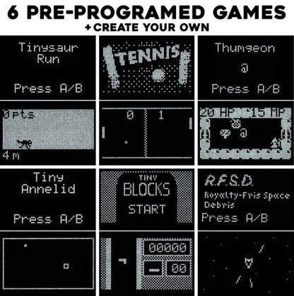 Pre-programmed with 5 retro games, but you can download more! Or make your own!