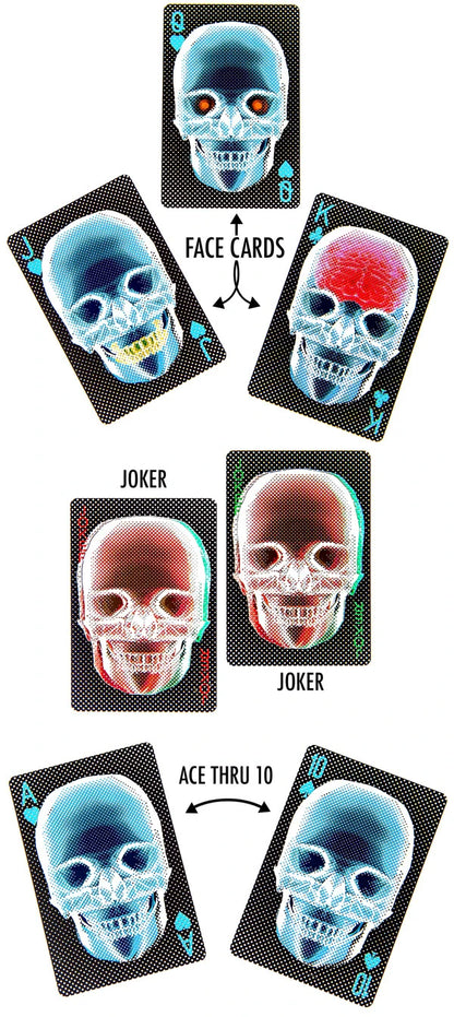 Images of the face cards, non face cards, and jokers from the X-Ray Deck of Cards.